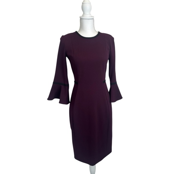 Calvin Klein Women’s Plum Bell Sleeve Black Piping Trim Sheath Dress Size 4 - Picture 2 of 7